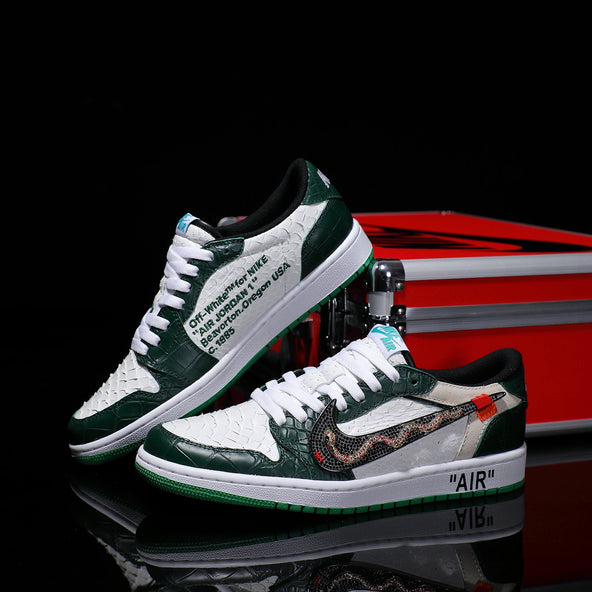 [Custom Green and White - Crocodile Pattern + Python Pattern] Air Jordan Low - Top Skateboarding Shoes Unisex