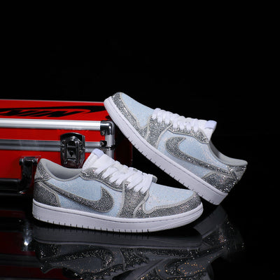 [Custom Silver - White Full Diamond] Air Jordan Low - Top Skateboarding Shoes Unisex