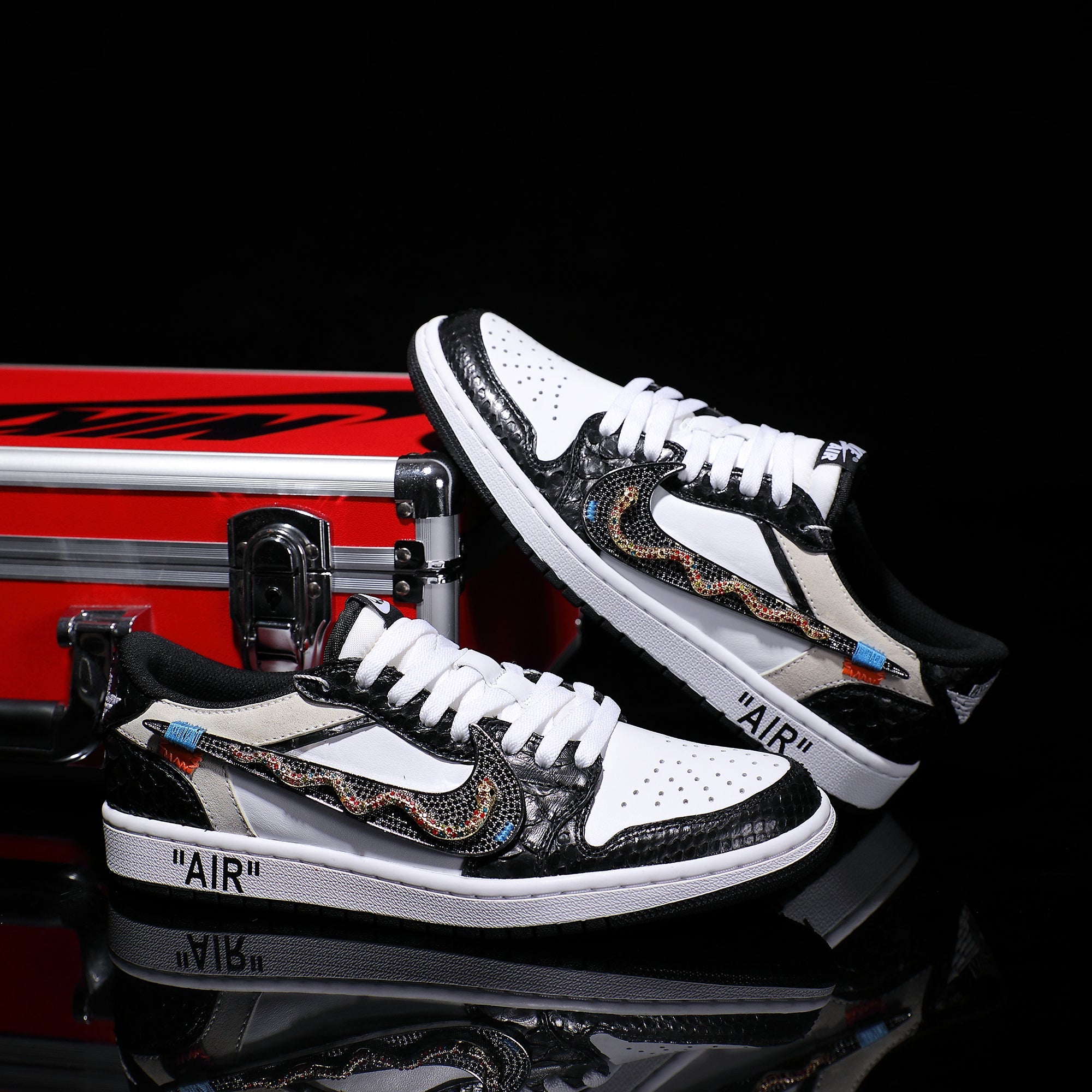 [Custom Black and White - Python Pattern] Air Jordan Low - Top Skateboarding Shoes Unisex