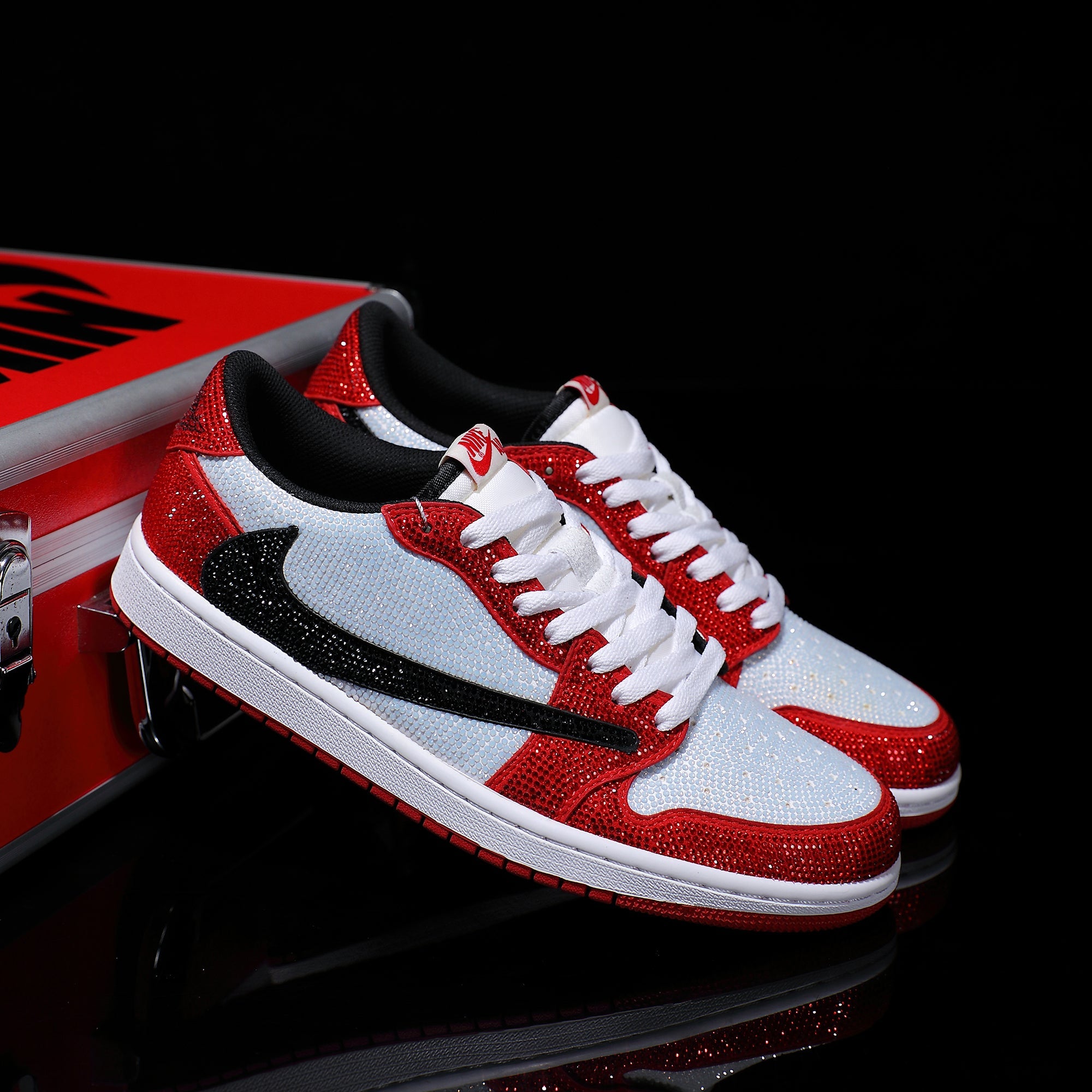 [Custom Red and White - Backwards Swoosh Full Diamond] Air Jordan 1 Chicago Low - Top Skateboarding Shoes Unisex