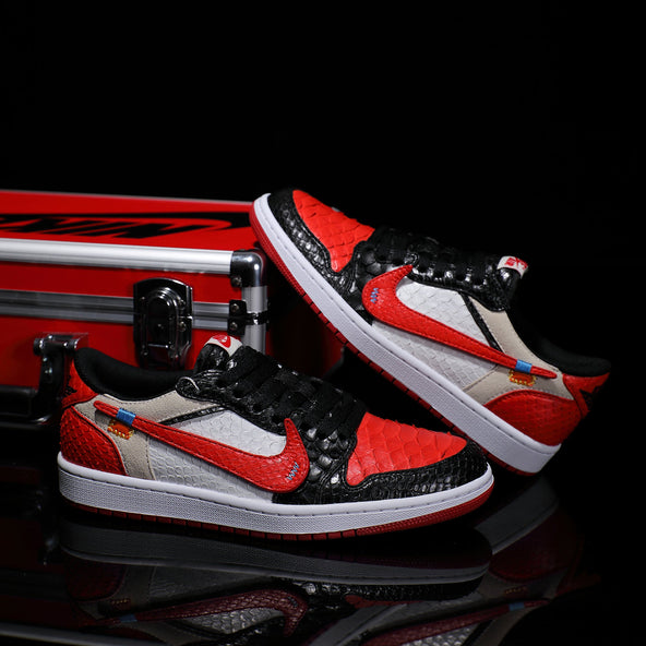 [Custom Black and Red Python Skin] Air Jordan Low - Top Skateboarding Shoes Unisex