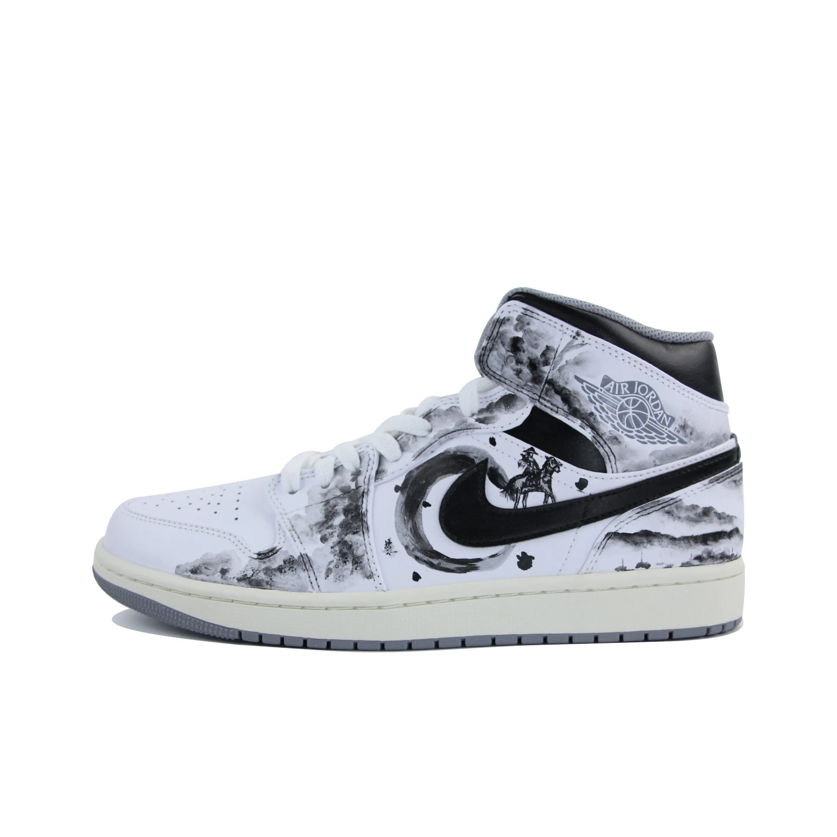 [Custom Knights Errant] Air Jordan 1 Mid - Top Skateboarding Shoes Unisex White/Black