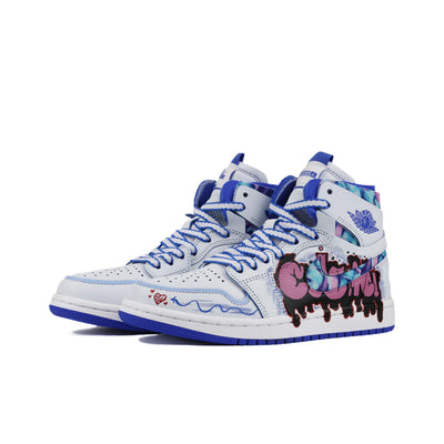 [Custom White Noise, Blue Notes ] Air Jordan 1 High - Top Skateboarding Shoes Unisex White/Blue