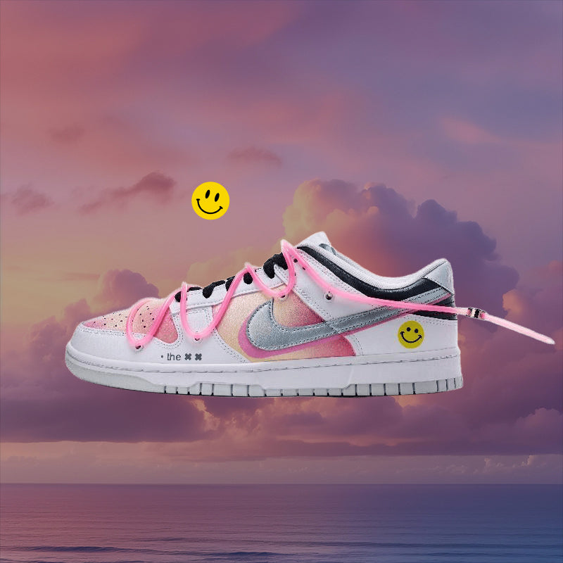 [Custom Pink mesh pattern]  Dunk Skateboarding Shoes Unisex Low-top White/pink/silver