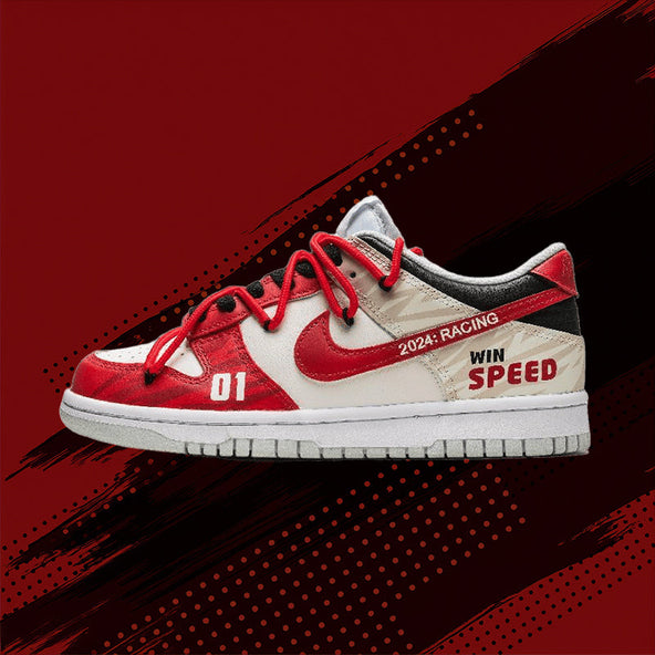 [Custom Men's top-secret racing in white and red]  Dunk Skateboarding Shoes Men Low-top White/red