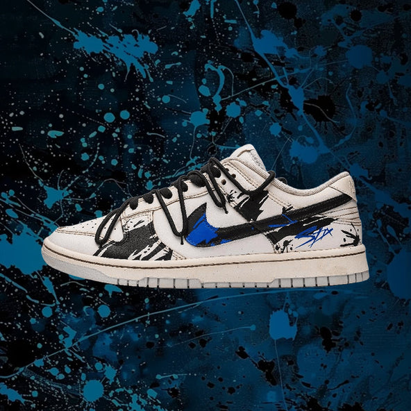 [Custom Men's ink-wash art in black and blue]  Dunk Skateboarding Shoes Men Low-top Blue/Brown
