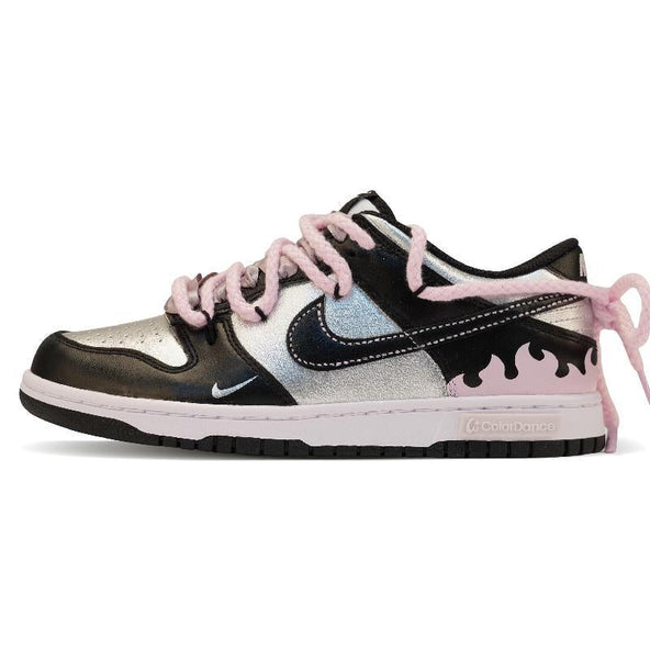 [Custom Cyber Love Letter]  Dunk Skateboarding Shoes Women's Low-top Black/silver/pink