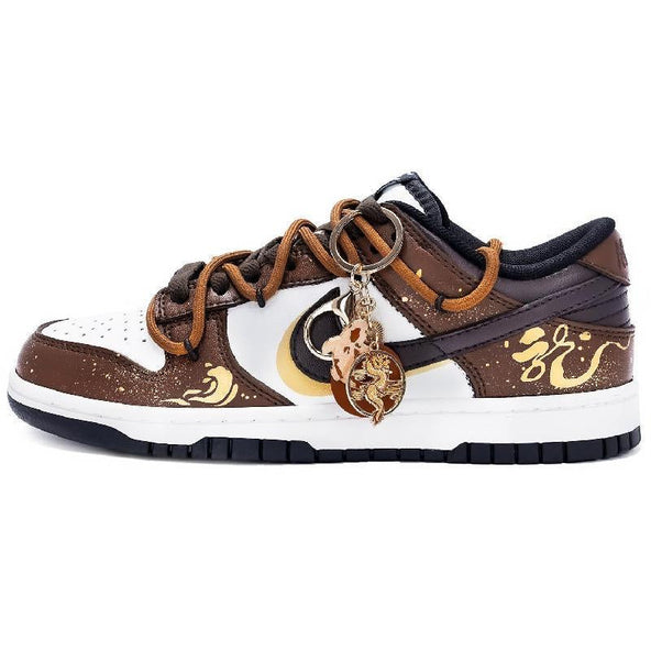 [Custom Female dragon carp]  Dunk Skateboarding Shoes Women's Low-top Brown/white/gold
