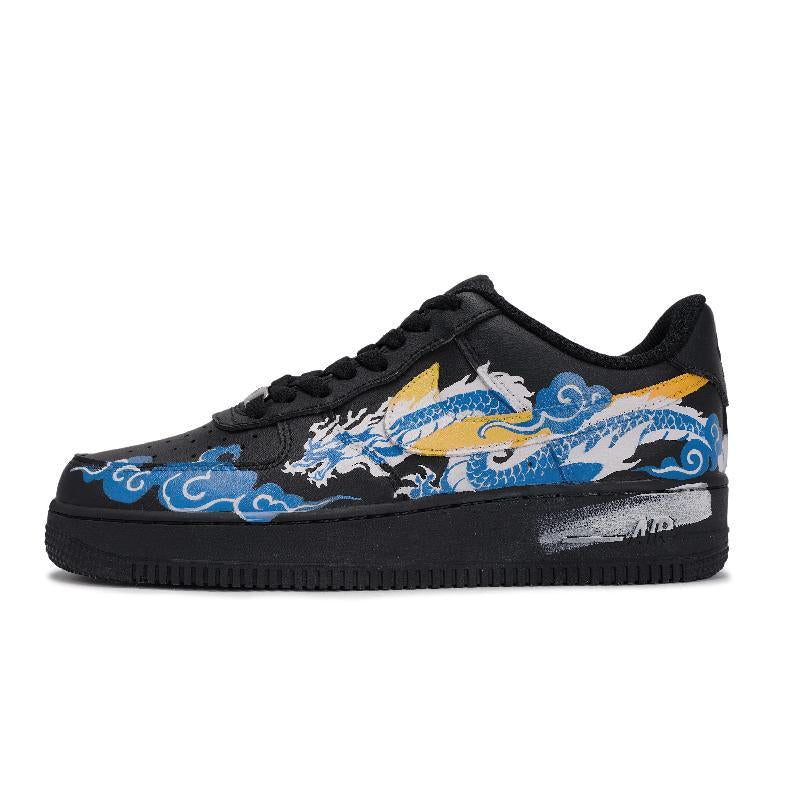 [Custom The same style for both men and women: tiger roar and Dragon roar]  Air Force 1 Skateboard Shoes Unisex Low-Top Blue/Yellow