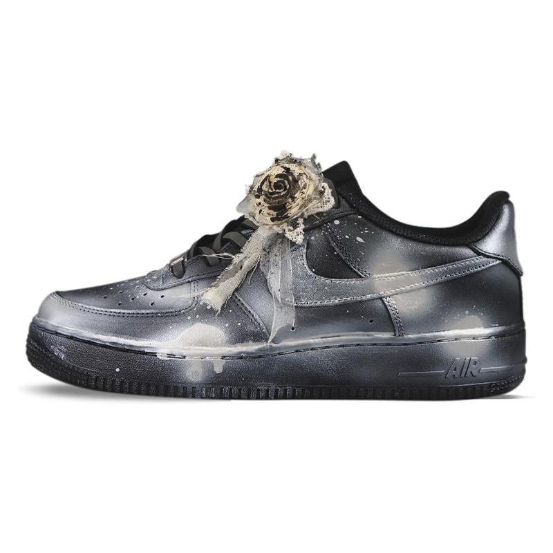 [Custom Splashed Ink Technology]  Air Force 1 Skateboarding Shoes Men Low-top Black/Sliver