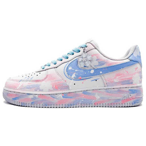 [Custom Star blue cherry pink]  Air Force 1 Skateboard Shoes Unisex Low-Top White/Lake Blue