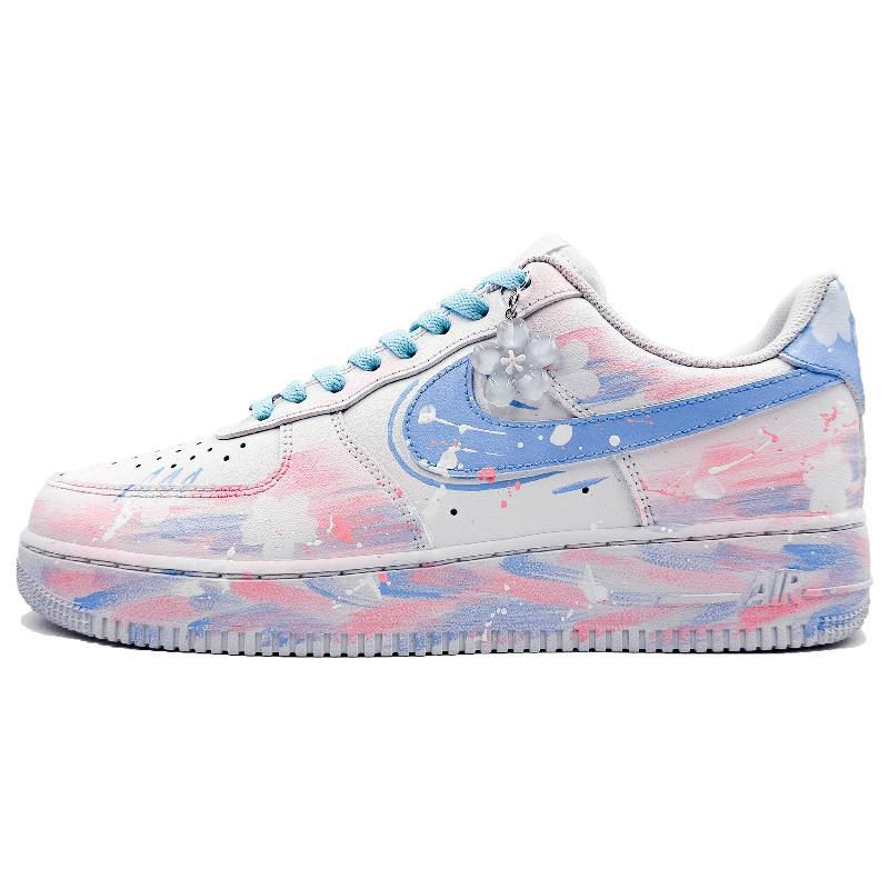 [Custom Star blue cherry pink]  Air Force 1 Skateboard Shoes Unisex Low-Top White/Lake Blue