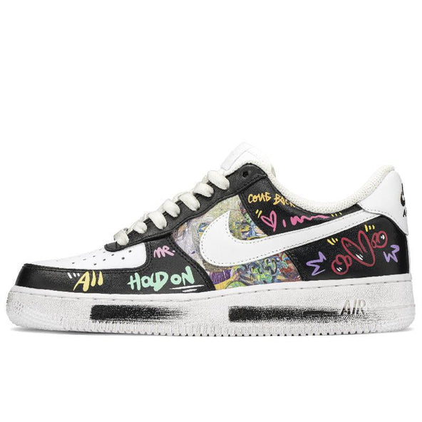 [Custom Street graffiti]  Air Force 1 Skateboarding Shoes Low-top Black/white  Unisex