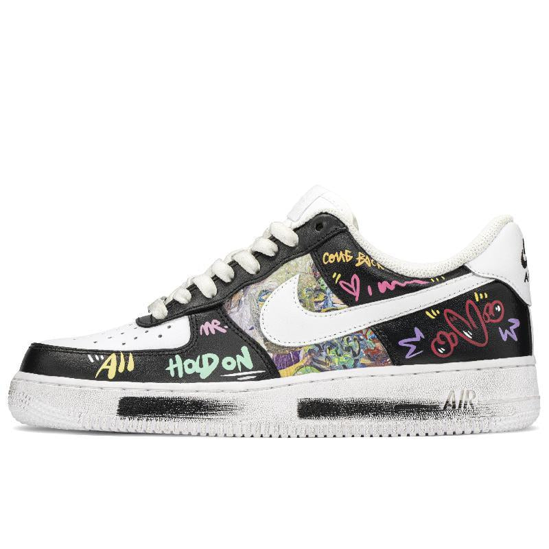 [Custom Street graffiti]  Air Force 1 Skateboarding Shoes Low-top Black/white  Unisex