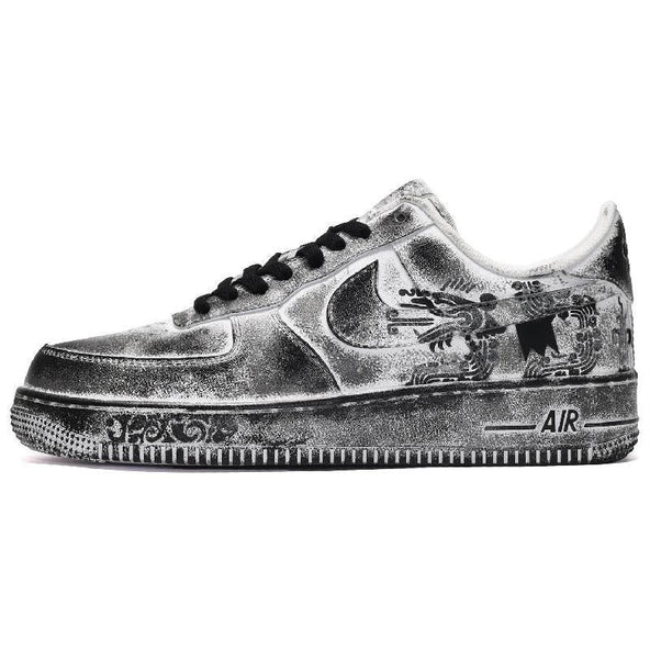 [Custom The men's Chinese dragon is in black, white and grey]  Air Force 1 Skateboarding Shoes Men Low-top Black/White/Gray
