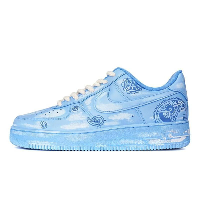 [Custom The men's and women's cashew flower styles have a worn-out blue and white look]  Air Force 1 Skateboarding Shoes Unisex