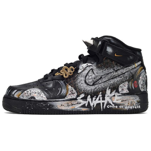 [Custom The male and female versions of SNAKE]  Air Force 1 Skateboard Shoes Unisex High-Top Black White