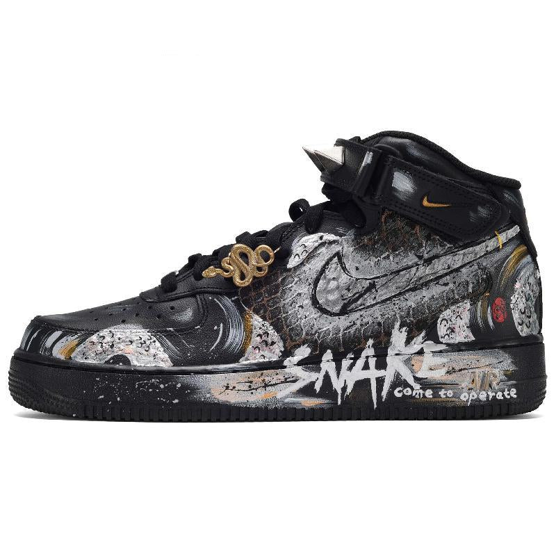 [Custom The male and female versions of SNAKE]  Air Force 1 Skateboard Shoes Unisex High-Top Black White