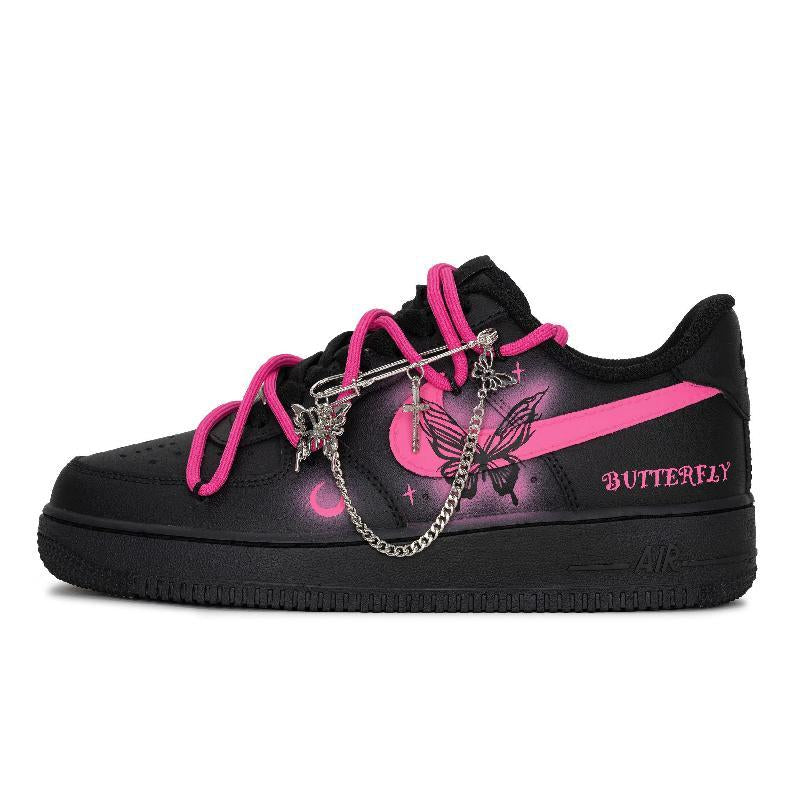 [Custom The black and pink butterfly dance]  Air Force 1 Skateboarding Shoes Unisex Low-top Black/pink