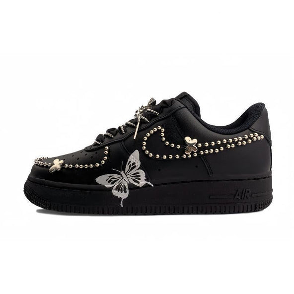 [Custom Silver-winged butterfly in the dark night]  Air Force 1 Skateboarding Shoes Women's Low-top Black/silver