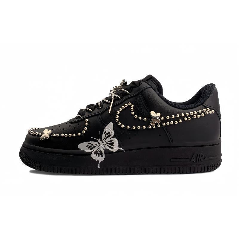 [Custom Silver-winged butterfly in the dark night]  Air Force 1 Skateboarding Shoes Women's Low-top Black/silver