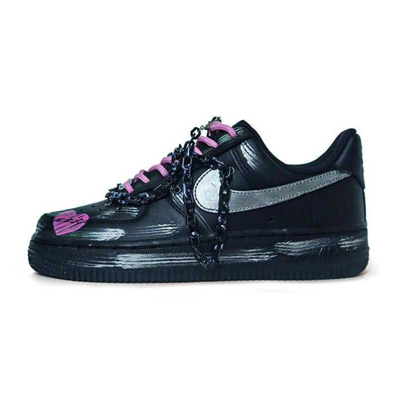 [Custom Women's electric silver chain]  Air Force 1 Skateboarding Shoes Women's Low-top Black/Sliver