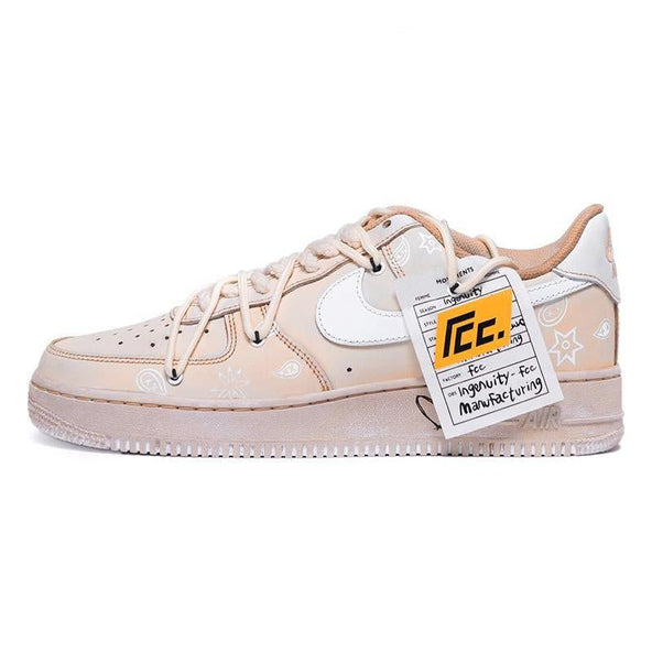 [Custom Women's retro cashew flower tea brown]  Air Force 1 Skateboarding Shoes Women's Low-top Pink/white