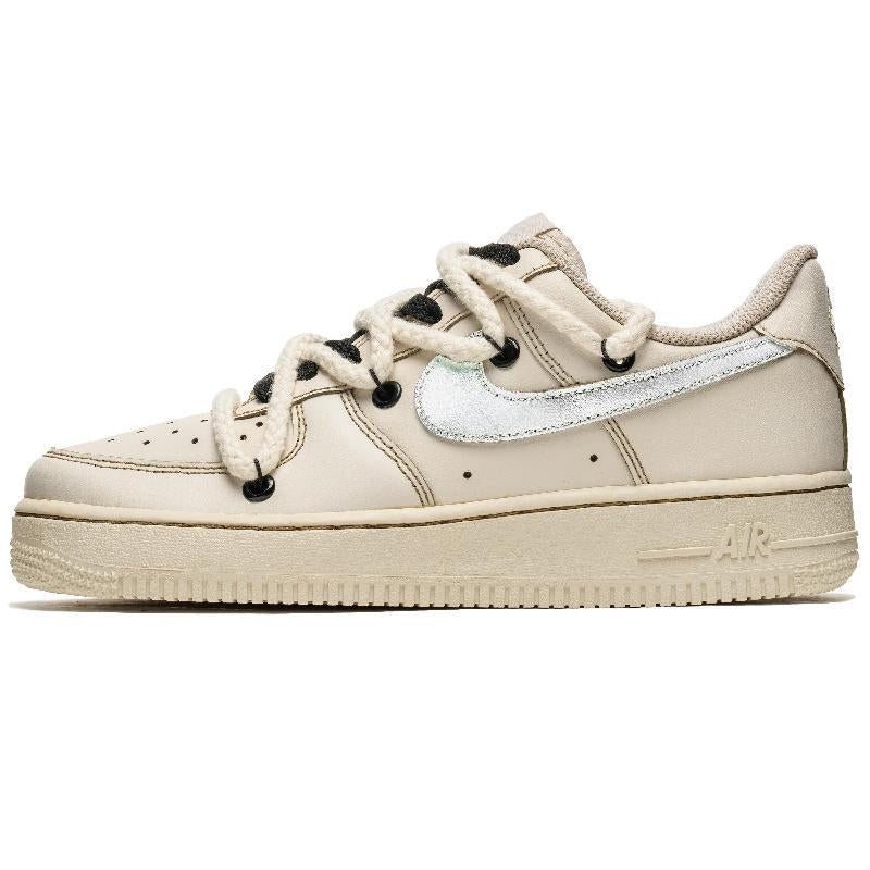 [Custom Women's coffee silver]  Air Force 1 Skateboard Shoes Women's Low-Top Beige/Silver