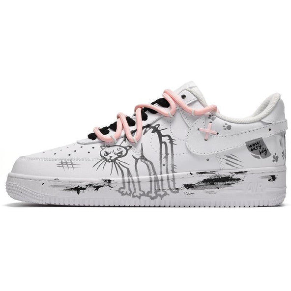 [Custom The female angry cat is in black, white and grey]  Air Force 1 Skateboarding Shoes Women's Low-top Black/white/gray