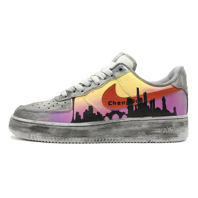 [Custom Women's Chengdu city limited edition gray, purple and yellow]  Air Force 1 Skateboarding Shoes Women's Low-top Gray-purple-yellow