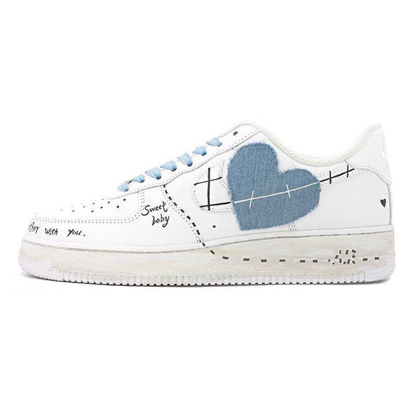 [Custom Women's heart-shaped denim in white and blue]  Air Force 1 Skateboarding Shoes Women's