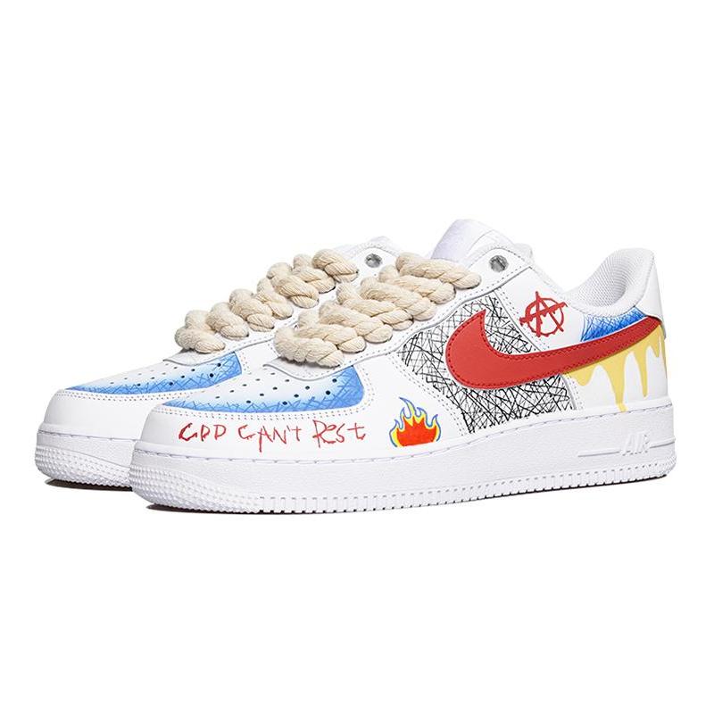 [Custom Women's street graffiti in red, yellow and blue]  Air Force 1 Skateboarding Shoes Women's Low-top White/Red/Yellow/Blue