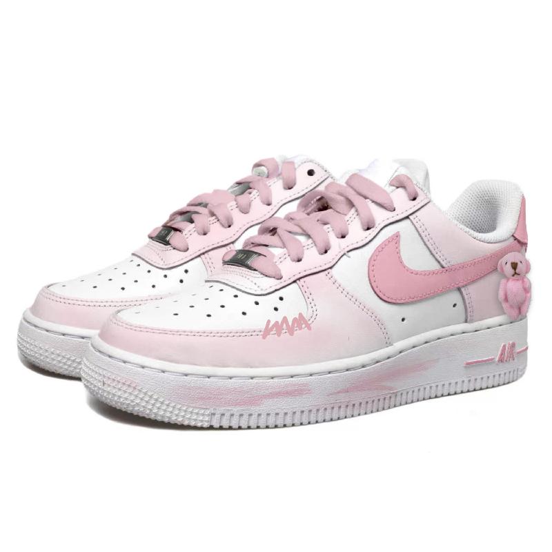 [Custom Strawberry milk Bear]  Air Force 1 Skateboard Shoes Women's Low-Top White/Pink