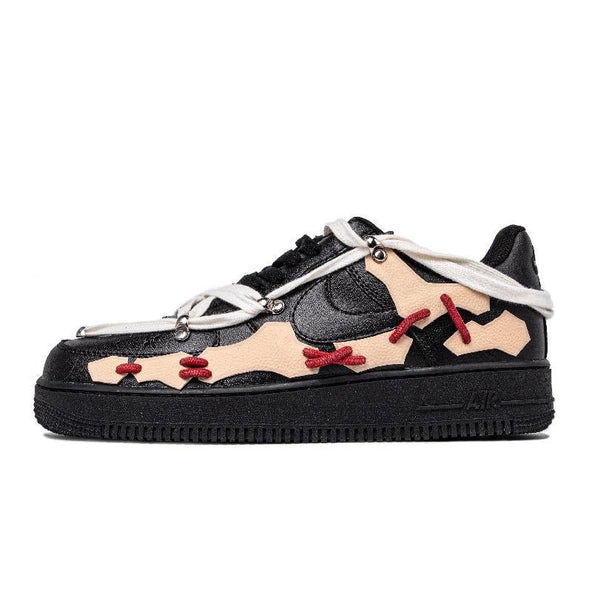 [Custom The female toe bones are deconstructed in black, red and beige]  Air Force 1 Skateboarding Shoes Women's Low-top Black/beige/red