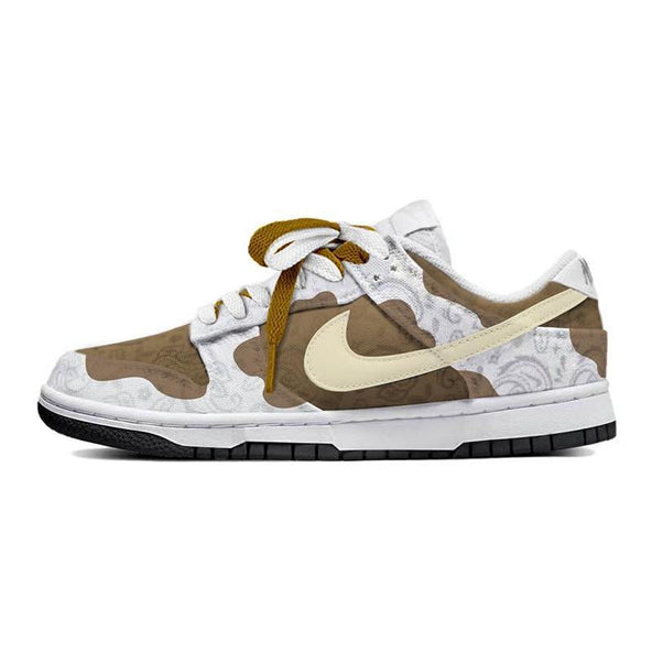 [Custom Women's cashew flower retro white and brown]  Dunk Skateboarding Shoes Women's Low-top Light Khaki