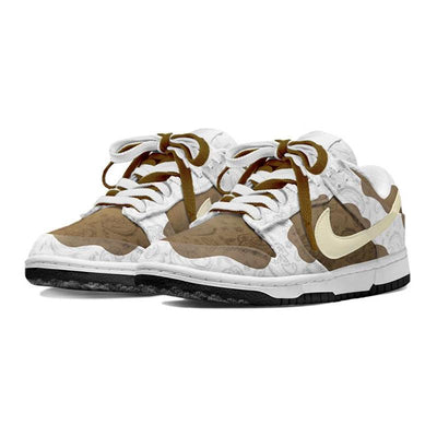 [Custom Women's cashew flower retro white and brown]  Dunk Skateboarding Shoes Women's Low-top Light Khaki