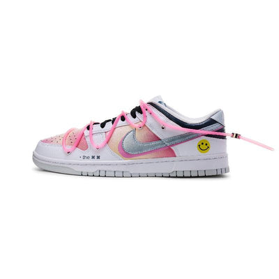 [Custom Pink mesh pattern]  Dunk Skateboarding Shoes Unisex Low-top White/pink/silver