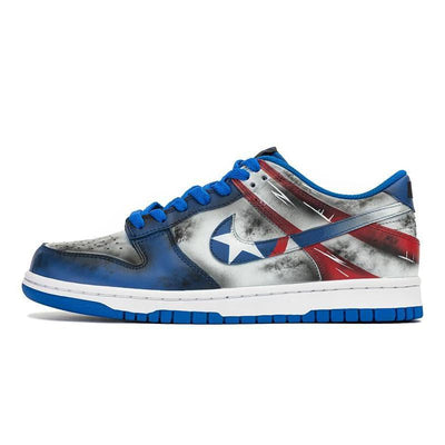 [Custom DKL men's Captain America VIBE]  Dunk Skateboarding Shoes Men Low-top Blue/Red/Gray