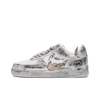 [Customized Snakeskin Pattern/Skull] Air Force 1 Low-top Shoes Unisex Grafiti Grey/White