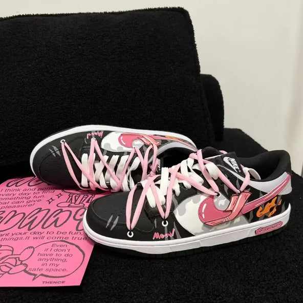 [Custom Harley cat]  Dunk Skateboarding Shoes Men Low-top Black/pink