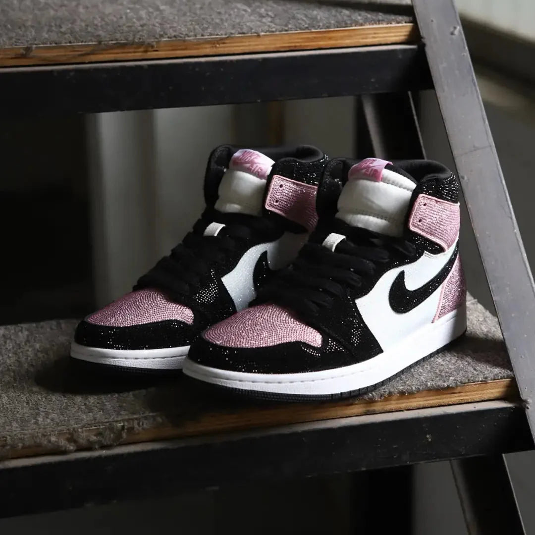 [Custom Pink&Black - Full Diamond] Air Jordan 1 Mid - Top Skateboarding Shoes Unisex