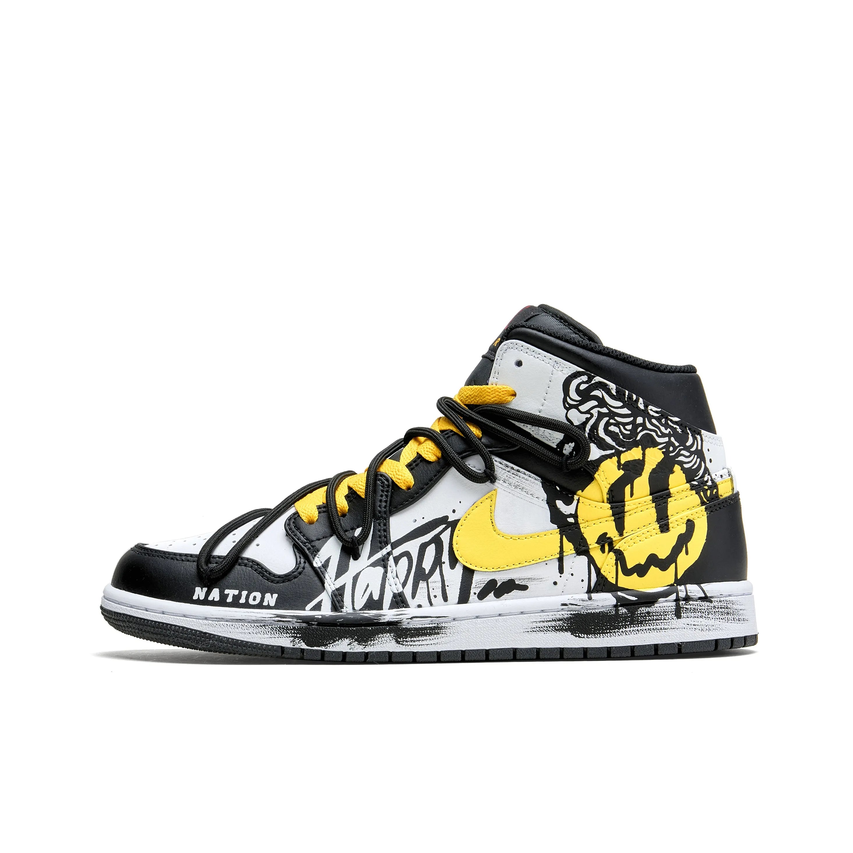 [Custom Black and White Graffiti Smiley Face] Air Jordan 1 High Top Unisex Skateboarding Shoes