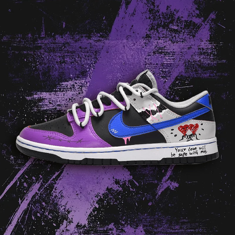 [Custom Men's style: Heart to Heart Blue, Black and purple]  Dunk Skateboarding Shoes Men Low-top Blue-black-purple