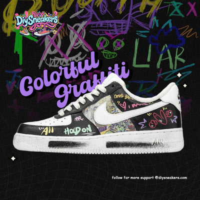 [Custom Street graffiti]  Air Force 1 Skateboarding Shoes Low-top Black/white  Unisex
