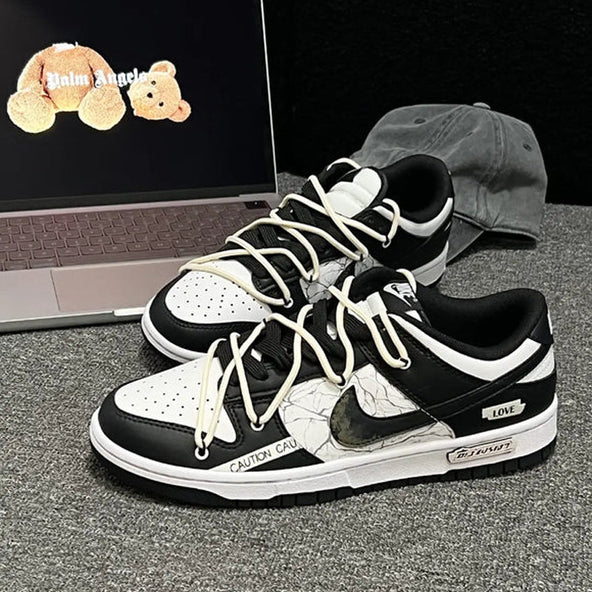 [Custom Crack]  Dunk Skateboarding Shoes Unisex Low-top Black/white/pink