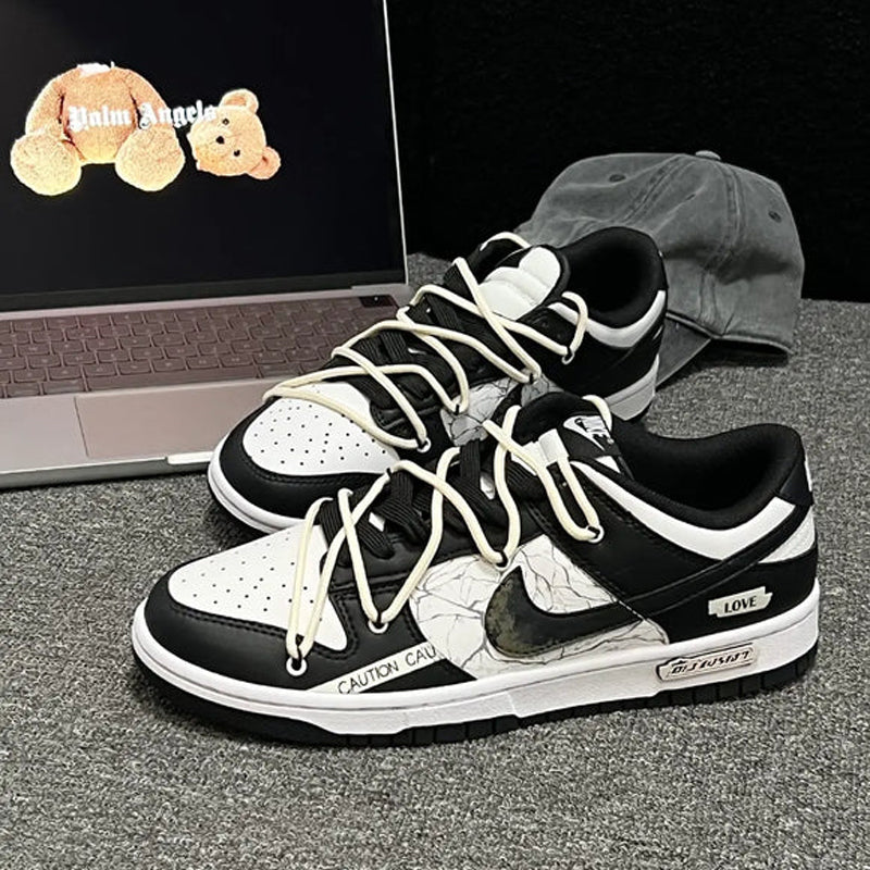 [Custom Crack]  Dunk Skateboarding Shoes Unisex Low-top Black/white/pink