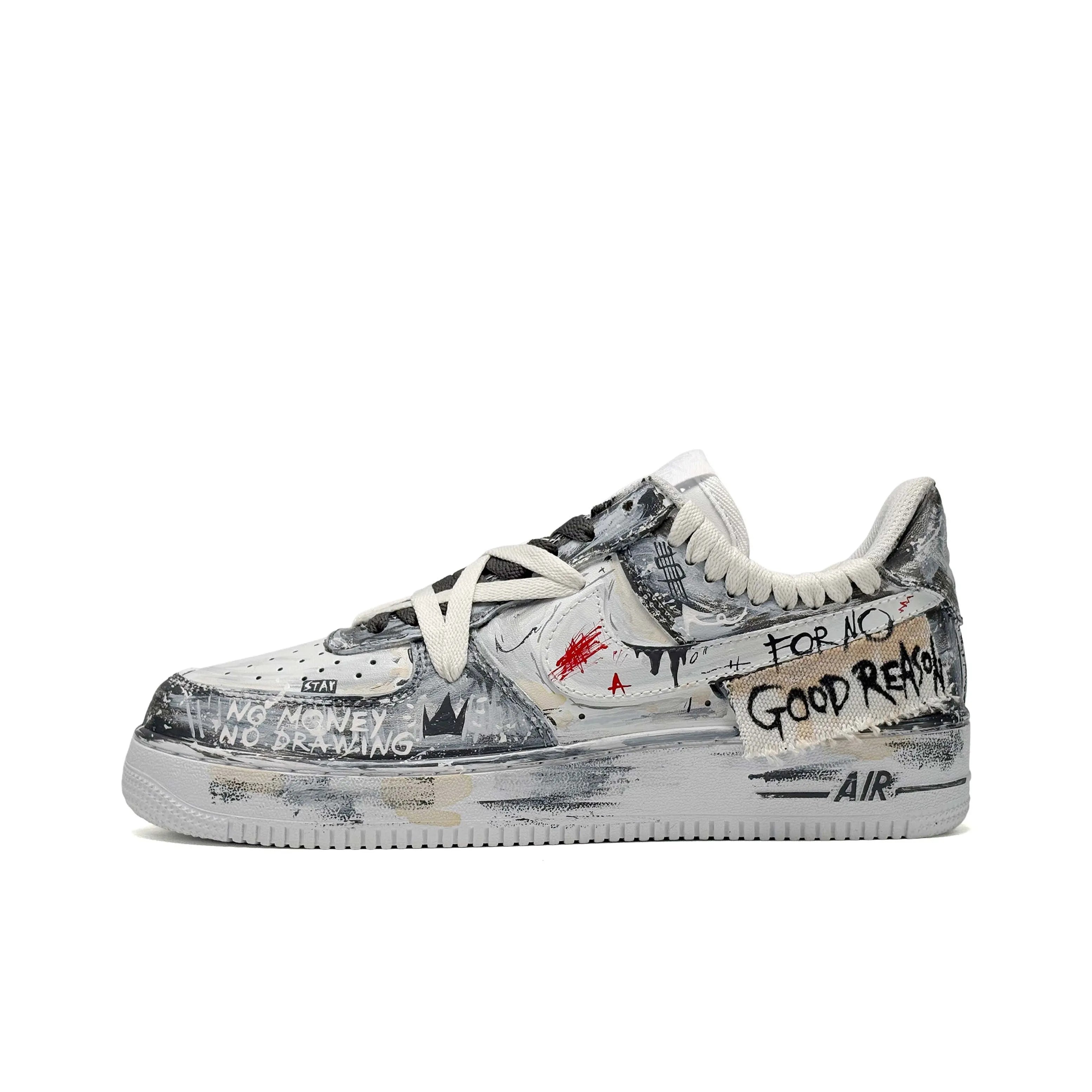 [Customized For No Good Reason] Air Force 1 Low-top Shoes Unisex Graffiti/Star shoelaces Gray