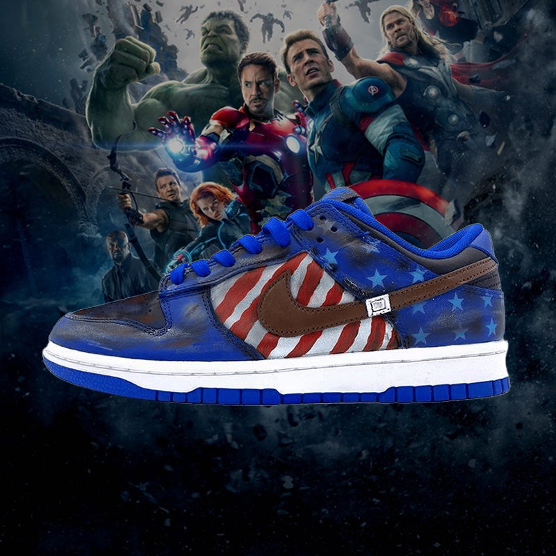 [Custom The unisex superhero Captain America]  Dunk Skateboarding Shoes Unisex Low-top Blue/Red