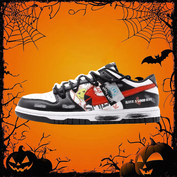 [Custom Keep Away from strangers Deconstruction]  Dunk Skateboarding Shoes Men Low-top Black/White/Red