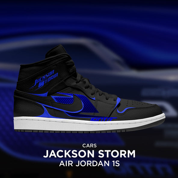 [Custom Jackson Storm X Cars] Air Jordan 1 Mid Top Unisex Skateboarding Shoes Black/Blue